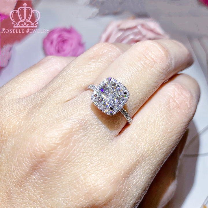 Custom Halo Cushion Cut Side Stone Diamond Engagement Ring [Setting Only] - EC098 - Roselle Jewelry