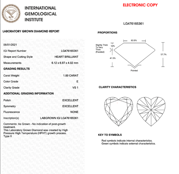 1.00CT Heart E VS1 EX EX NONE LAB GROWN DIAMOND - LG476165361 - Roselle Jewelry