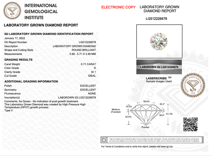 0.71CT Round D SI1 IDEAL 3EX NONE - LG512226679 - Roselle Jewelry