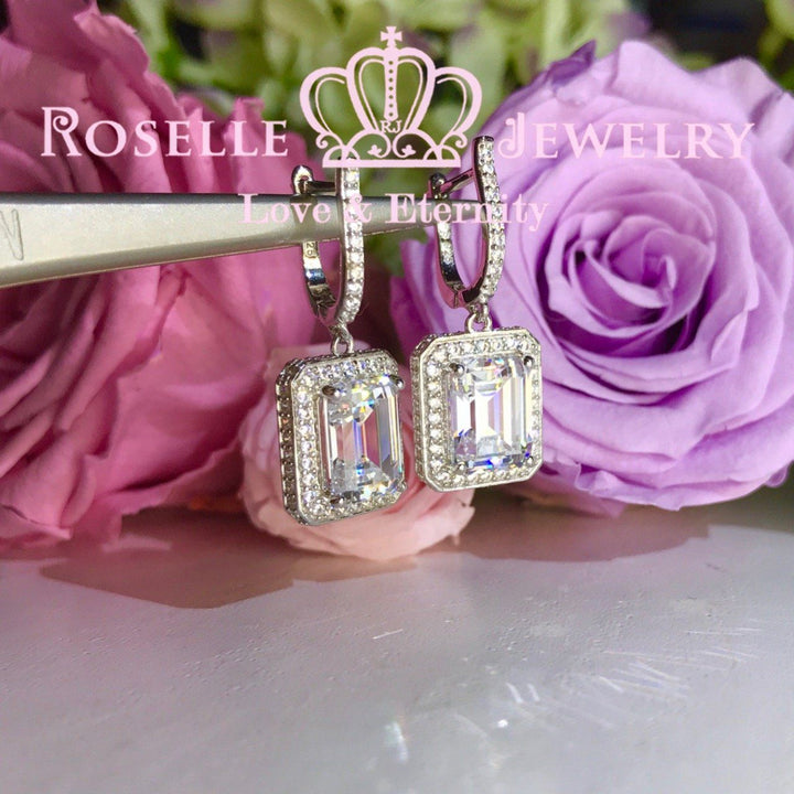 Emerald Cut Halo Drop Earrings - DE2 - Roselle Jewelry