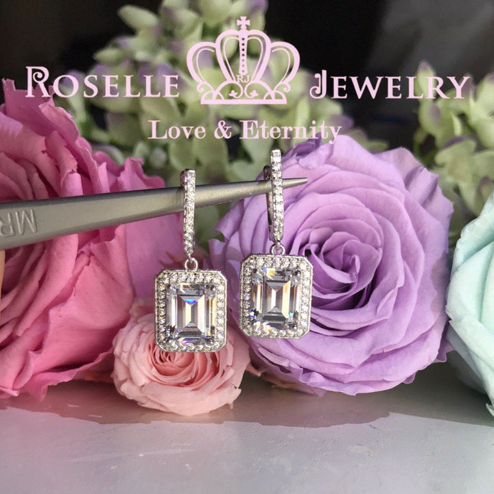 Emerald Cut Halo Drop Earrings - DE2 - Roselle Jewelry