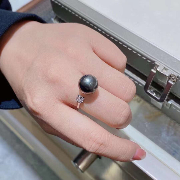 18K Gold 11-12mm Tahitian Pearl With Diamond Ring - TS024 - Roselle Jewelry